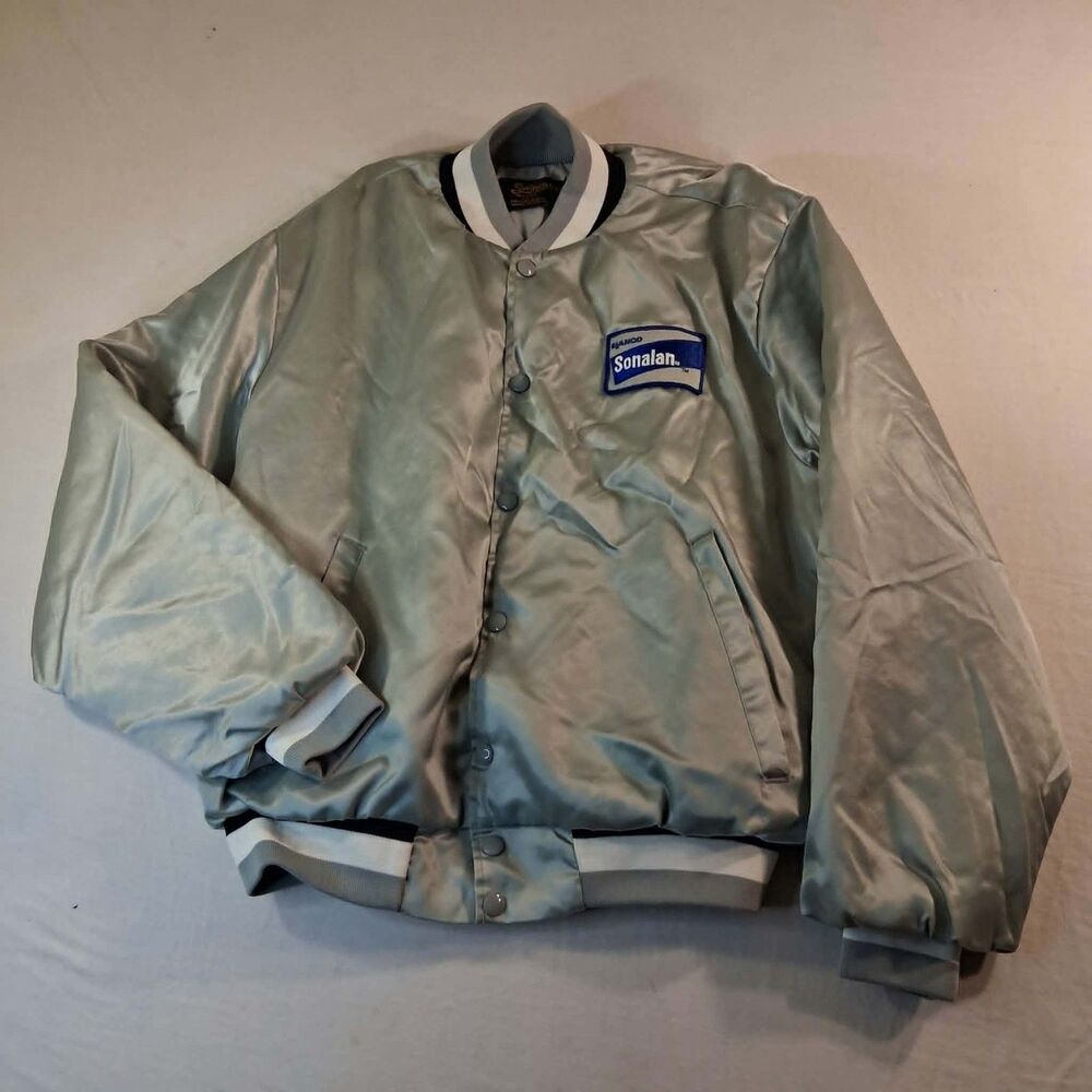 Vintage Swingster Sonalan Satin Bomber Jacket L Silver Gray Quilted Lined USA